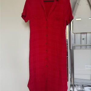 Anthropologie Maeve Vibrant Red Button Down  Midi Short Sleeve Summer Dress